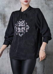 Black Oriental Silk Blouse Top Embroidered Tasseled Spring