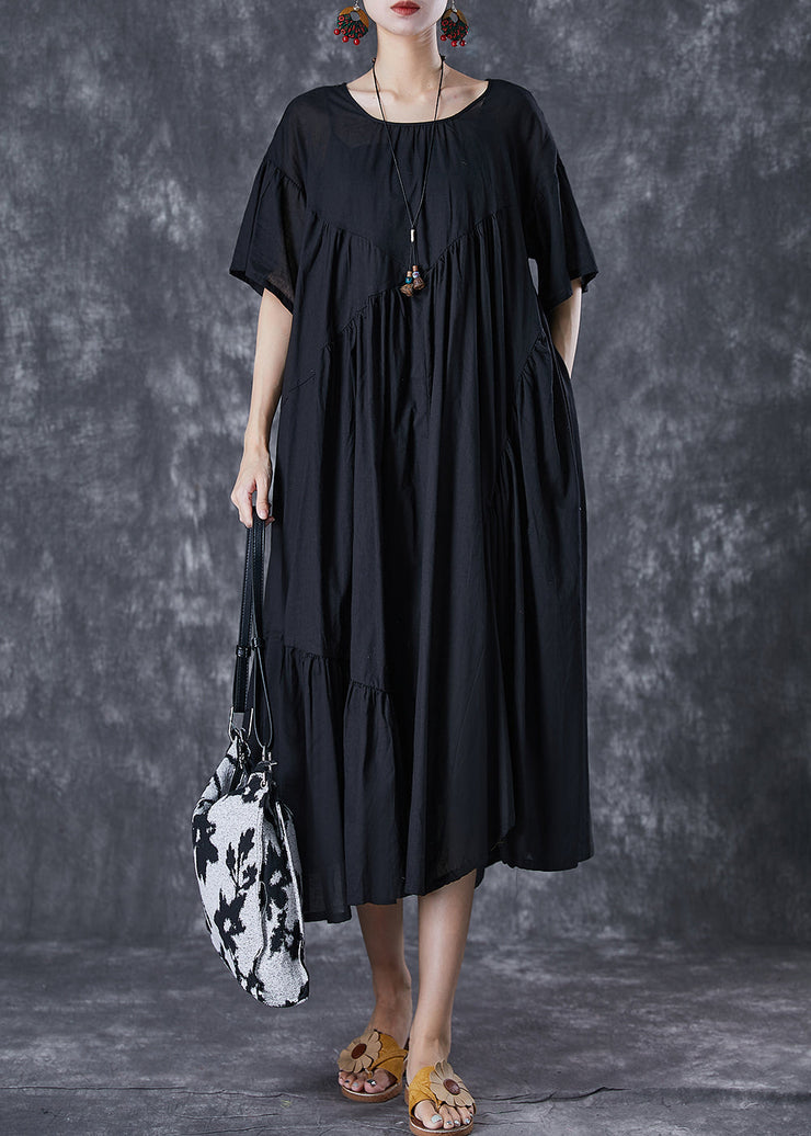 Black Oversized Cotton Dresses Asymmetrical Wrinkled Flare Sleeve