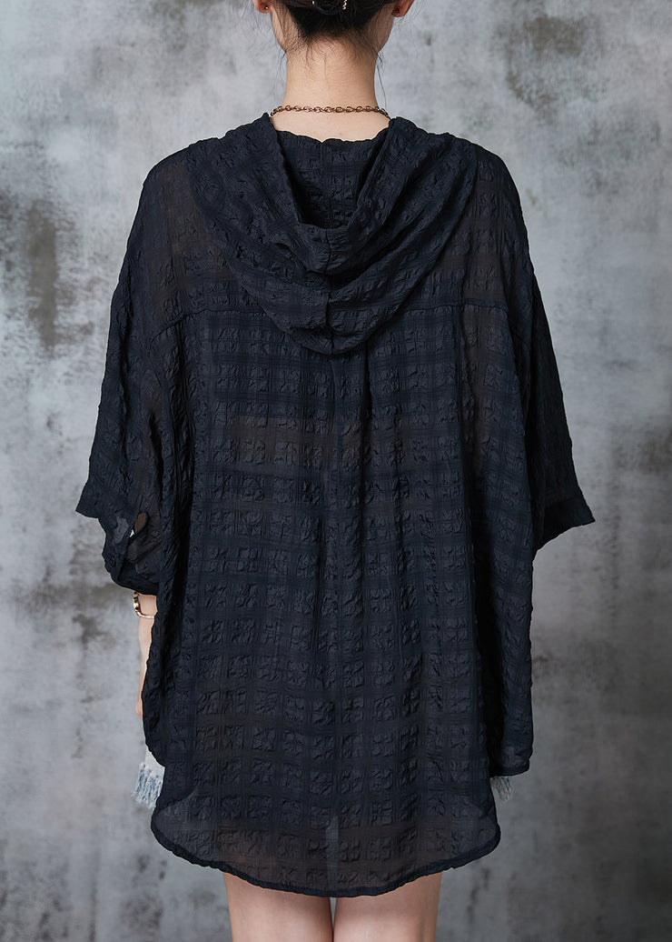 Black Oversized Cotton Shirt Hooded Wrinkled Summer