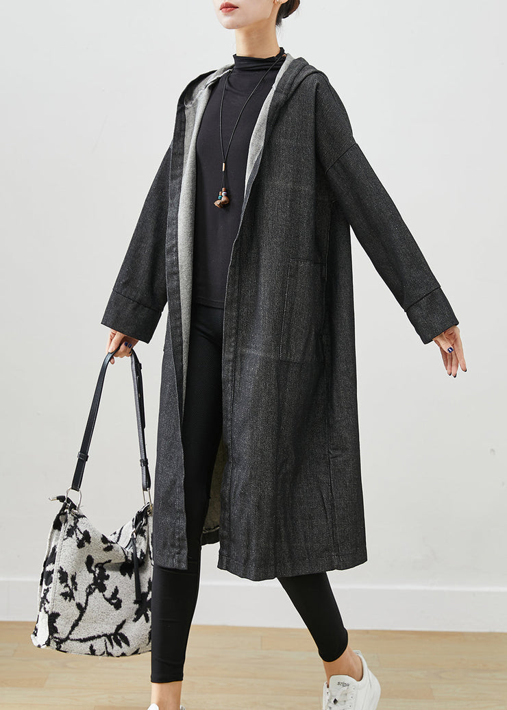 Black Oversized Denim Trench Coats Hooded Pockets Fall