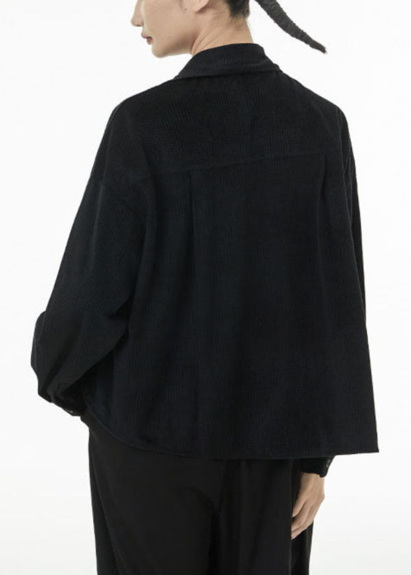 Black Oversized Silk Velour Shirt Top Asymmetrical Design Spring