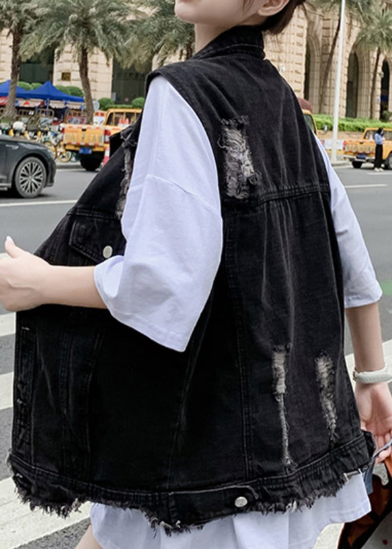 Black Patchwork Button Denim Waistcoat Fall