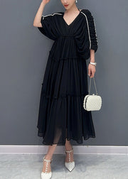 Black Patchwork Chiffon Dresses Ruffled V Neck Summer