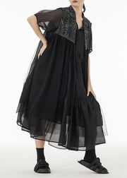 Black Patchwork Chiffon Long Cardigan Peter Pan Collar Sleeveless