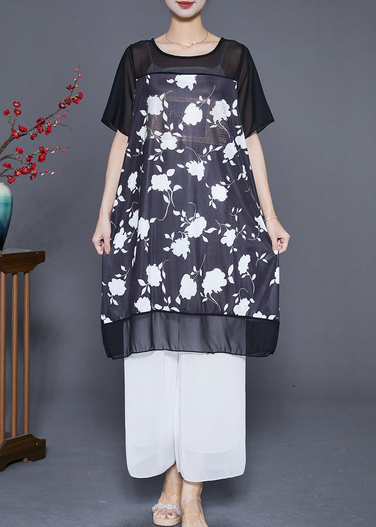 Black Patchwork Chiffon Long Dresses Letter Zircon Print Summer