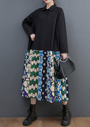 Black Patchwork Cotton A Line Dress Oversized Print Fall