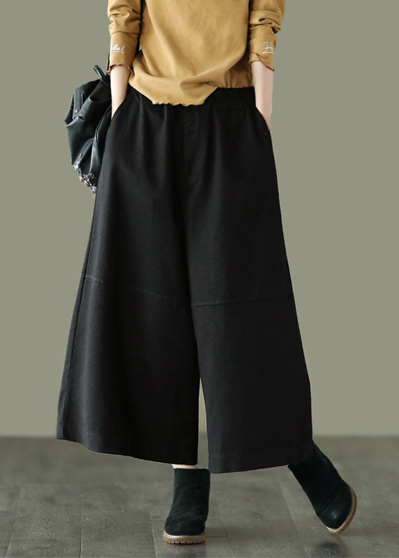 Black Patchwork Cotton Crop Pants Wide Leg High Waist Spring