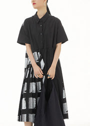 Black Patchwork Cotton Dresses Peter Pan Collar Wrinkled Summer