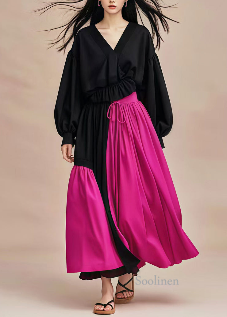 Black Patchwork Cotton Long Dress V Neck Cinched Spring