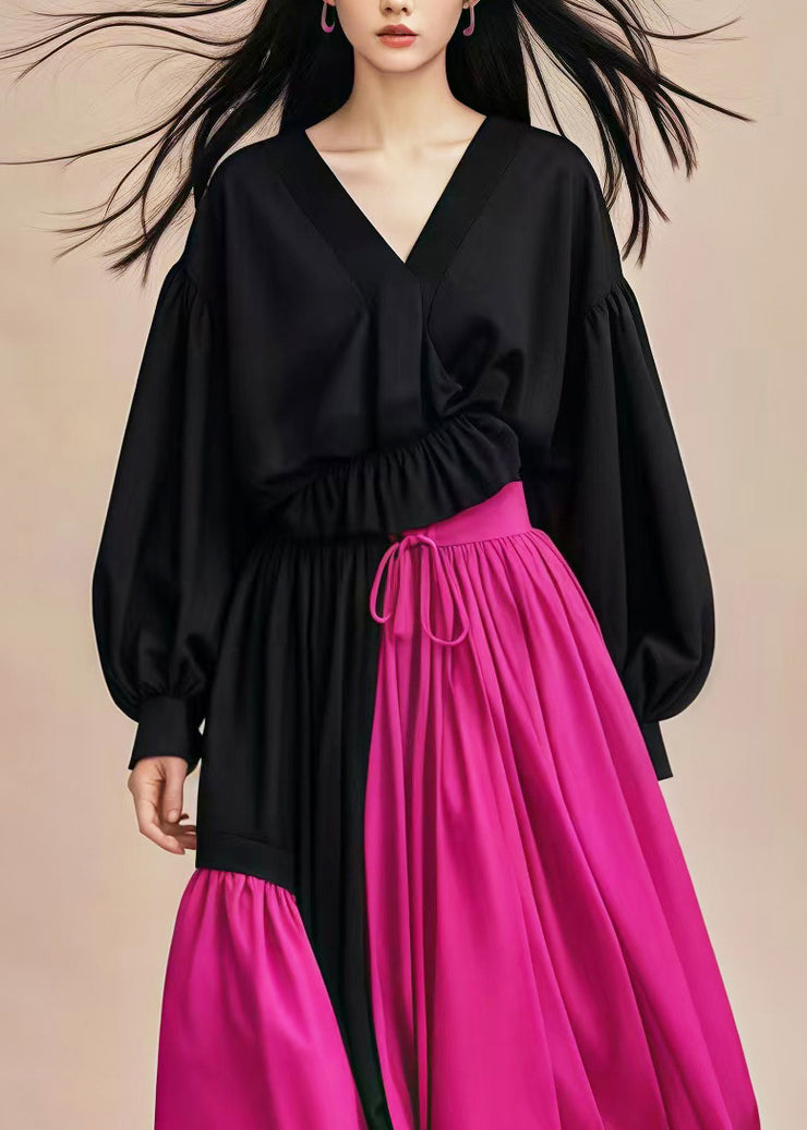 Black Patchwork Cotton Long Dress V Neck Cinched Spring