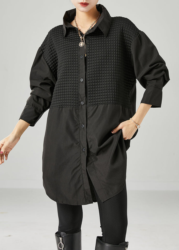 Black Patchwork Cotton Long Shirt Oversized Fall