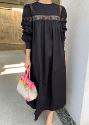 Black Patchwork Cotton Maxi Dress Hollow Out Lace Spring