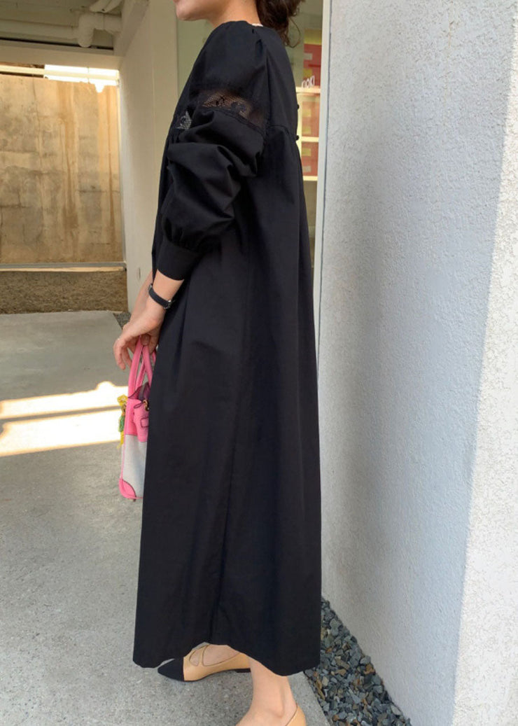 Black Patchwork Cotton Maxi Dress Hollow Out Lace Spring