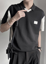 Black Patchwork Cotton Mens Graphic Polo Shirts Peter Pan Collar Short Sleeve