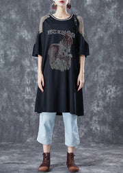 Black Patchwork Cotton Mid Dress Oversized Zircon Elephant Summer