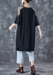 Black Patchwork Cotton Mid Dress Oversized Zircon Elephant Summer