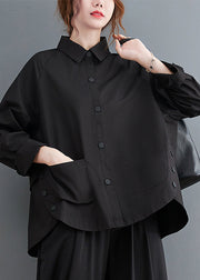 Blue Patchwork Cotton Shirt Top Oversized Pockets Fall