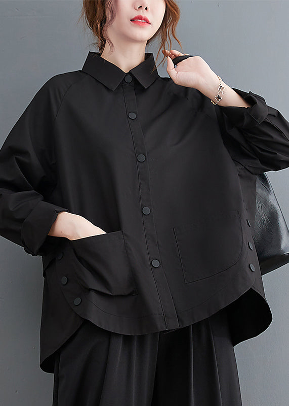 Black-floral Patchwork Cotton Shirt Top Oversized Pockets Fall