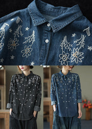 Black Patchwork Cotton Shirt Top Peter Pan Collar Embroideried Spring