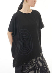 Black Patchwork Cotton T Shirt O Neck Loose Summer