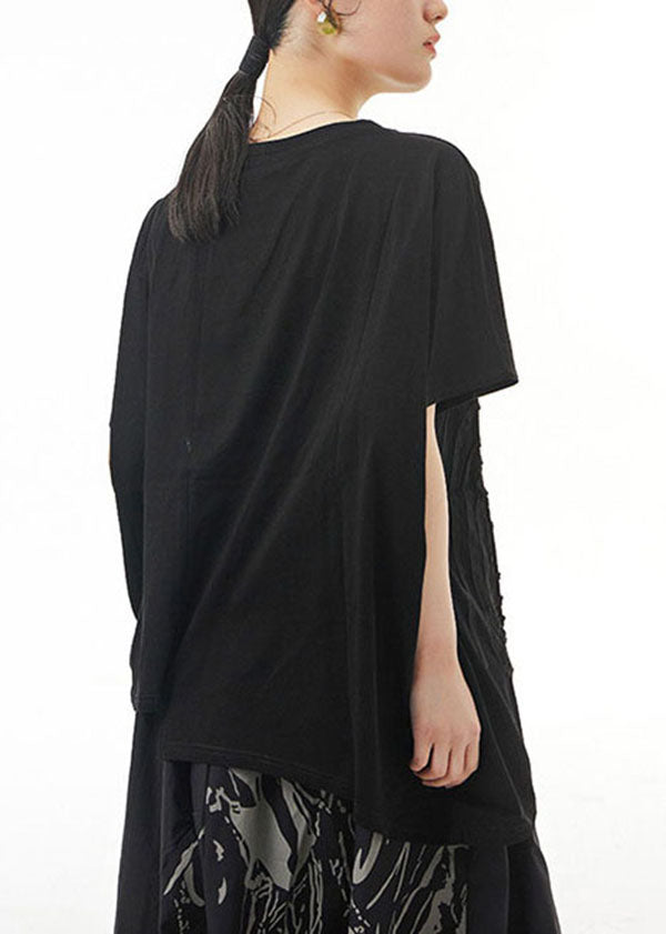 Black Patchwork Cotton T Shirt O Neck Loose Summer