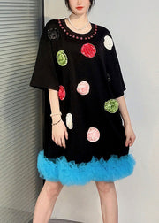 Black Patchwork Cotton T Shirts Dress Ruffled Floral Summer