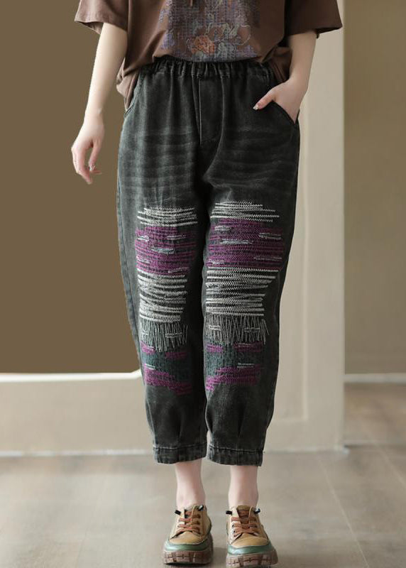 Black Patchwork Denim Loose Crop Pants Elastic Waist