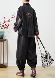 Black Patchwork Denim Two Piece Set Chinese Button Print Fall