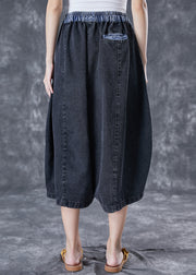 Black Patchwork Denim Wide Leg Pants Elastic Waist Summer