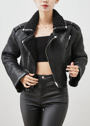 Black Patchwork Faux Fur Jackets Asymmetrical Zippered Winter