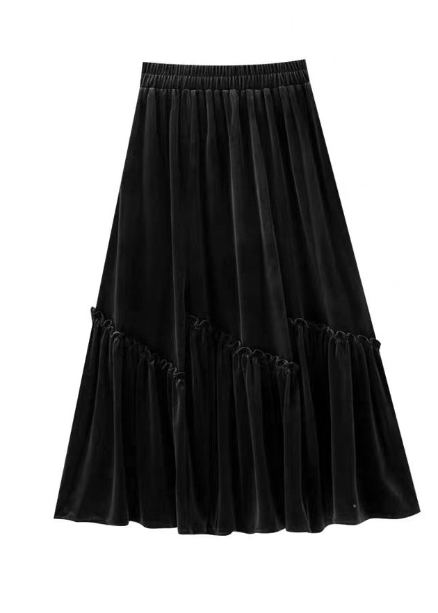 Black Patchwork French Velour Skirts Ruffled Elastic Waist Spring