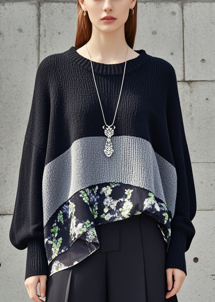 Black Patchwork Knitted Tops Oversized Print Fall