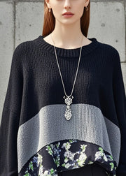 Black Patchwork Knitted Tops Oversized Print Fall