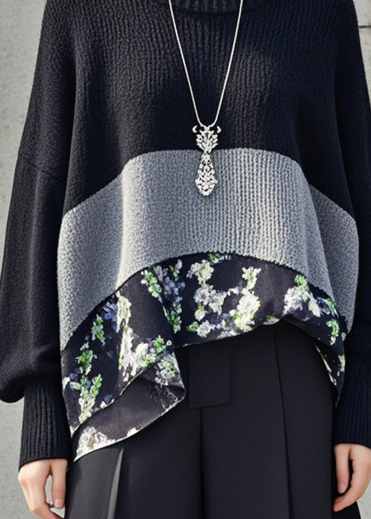 Black Patchwork Knitted Tops Oversized Print Fall