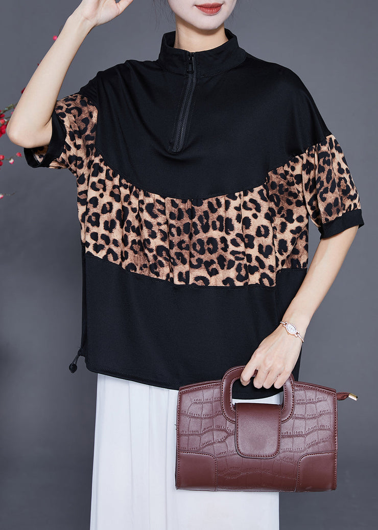 Black Patchwork Leopard Cotton Sweatshirts Top Drawstring Summer