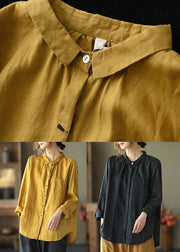 Black-flowers Patchwork Linen Shirt Peter Pan Collar Embroideried Spring