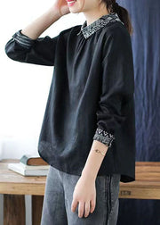 Black Patchwork Linen Shirt Peter Pan Collar Wrinkled Spring