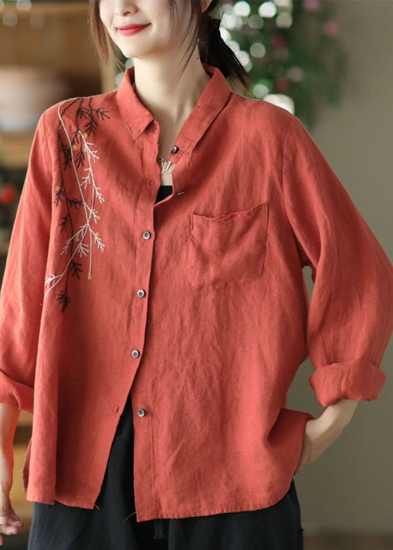 Black Patchwork Linen Shirt Top Embroideried Button Spring