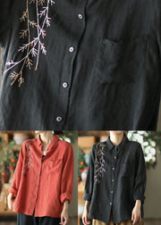 Black Patchwork Linen Shirt Top Embroideried Button Spring