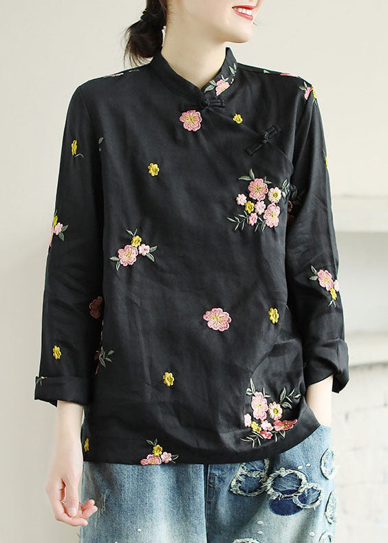 Black Patchwork Linen Shirt Top Embroideried Chinese Button Spring