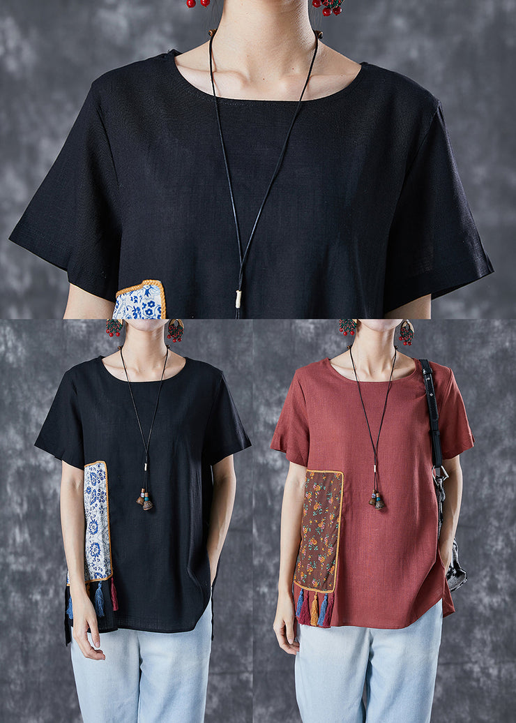 Black Patchwork Linen Tank Tops Oversized Tassel Summer