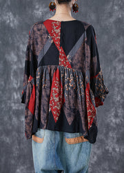 Black Patchwork Linen Top Oversized Print Flare Sleeve