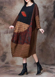 Black Patchwork Loose Cotton Filled Dresses O Neck Long Sleeve