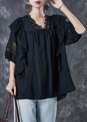 Black Patchwork Ruffled Cotton Tanks Back Tie Short Sleeve