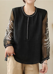 Black Patchwork Side Open Linen Top Long Sleeve