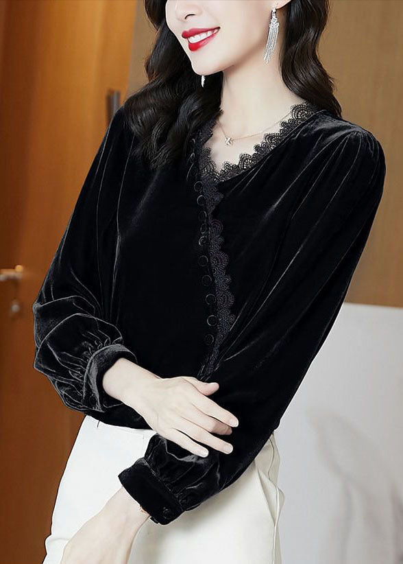 Black Patchwork Silk Velour Shirt Tops V Neck Long Sleeve