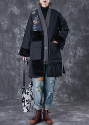 Black Patchwork Thick Fine Cotton Filled Parkas Oversized Pockets Winter