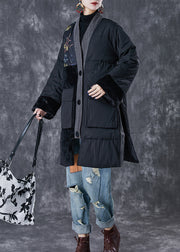 Black Patchwork Thick Fine Cotton Filled Parkas Oversized Pockets Winter