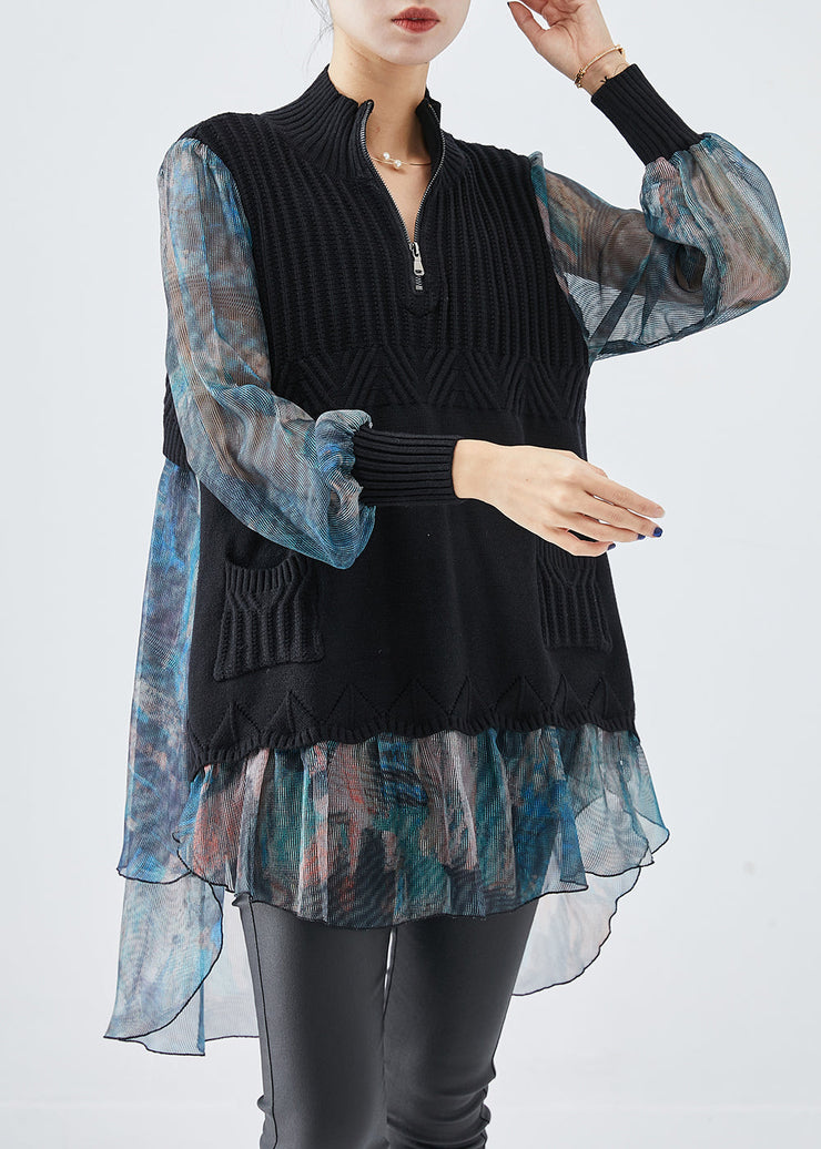 Black Patchwork Tulle Knit Shirts Tie Dye Fall