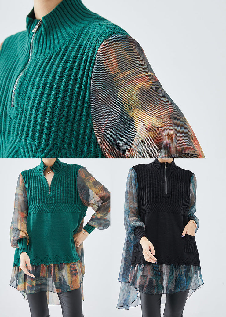 Black Patchwork Tulle Knit Shirts Tie Dye Fall